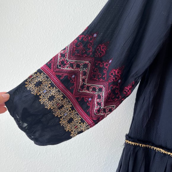 Free People Wild One Peasant Mini Dress Long Sleeve Embroidered Drop Waist Black - Picture 8 of 12